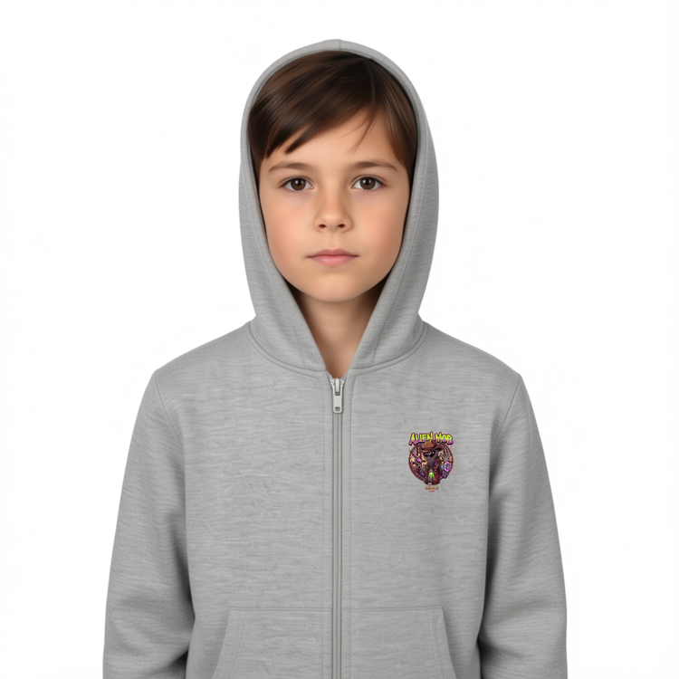 A child wearing a light gray zip-up hoodie with a small colorful Alien Cowboy graphic on the left chest, photographed against a plain white background. Front view