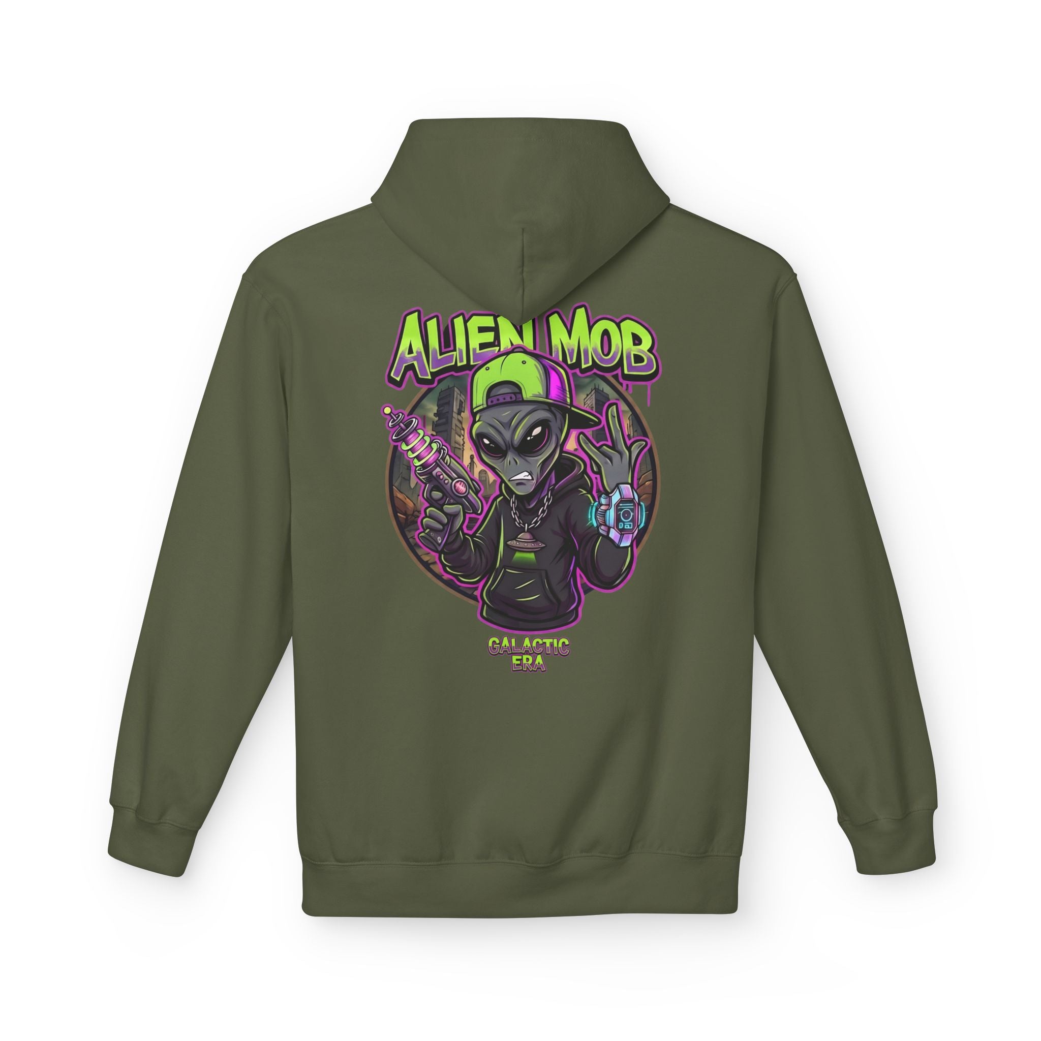 Military green alien hip hop pullover hoodie back view with bold Alien Mob Galactic Era graphic print – streetwear

