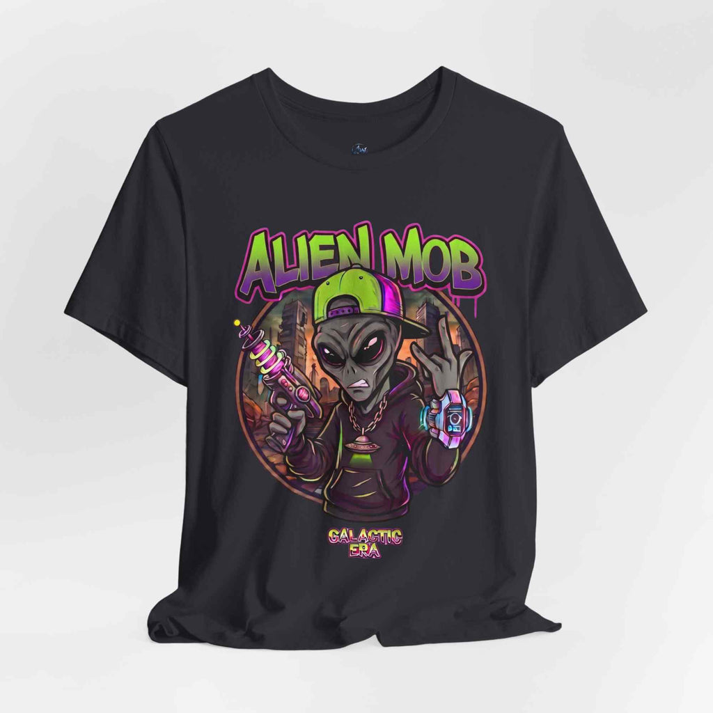 Black t-shirt with an alien mob-themed  on a white background front view