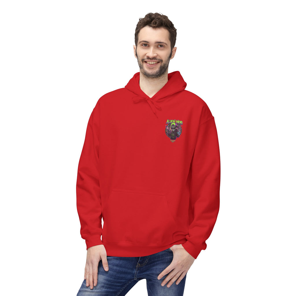 Red alien hip hop pullover hoodie worn by man front view showing Alien Mob chest crest – Galactic Era streetwear

