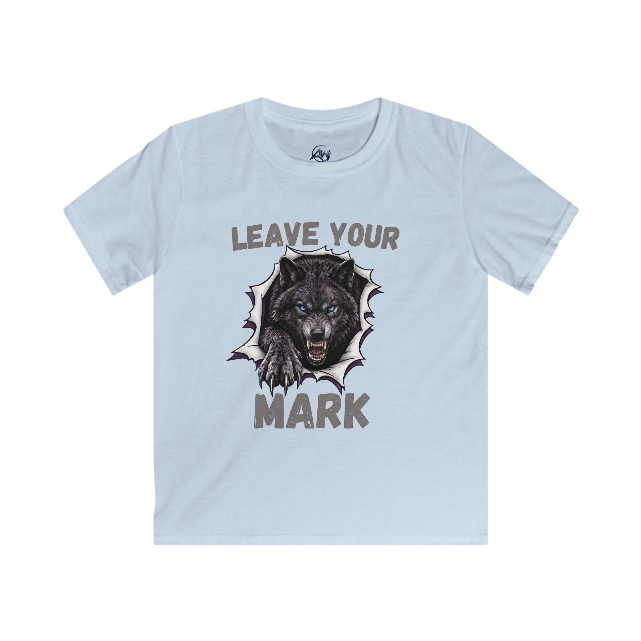 A light blue short-sleeve t-shirt with a graphic print of a wolf tearing through a wall, with the text 'LEAVE YOUR MARK' in a distressed gray font.