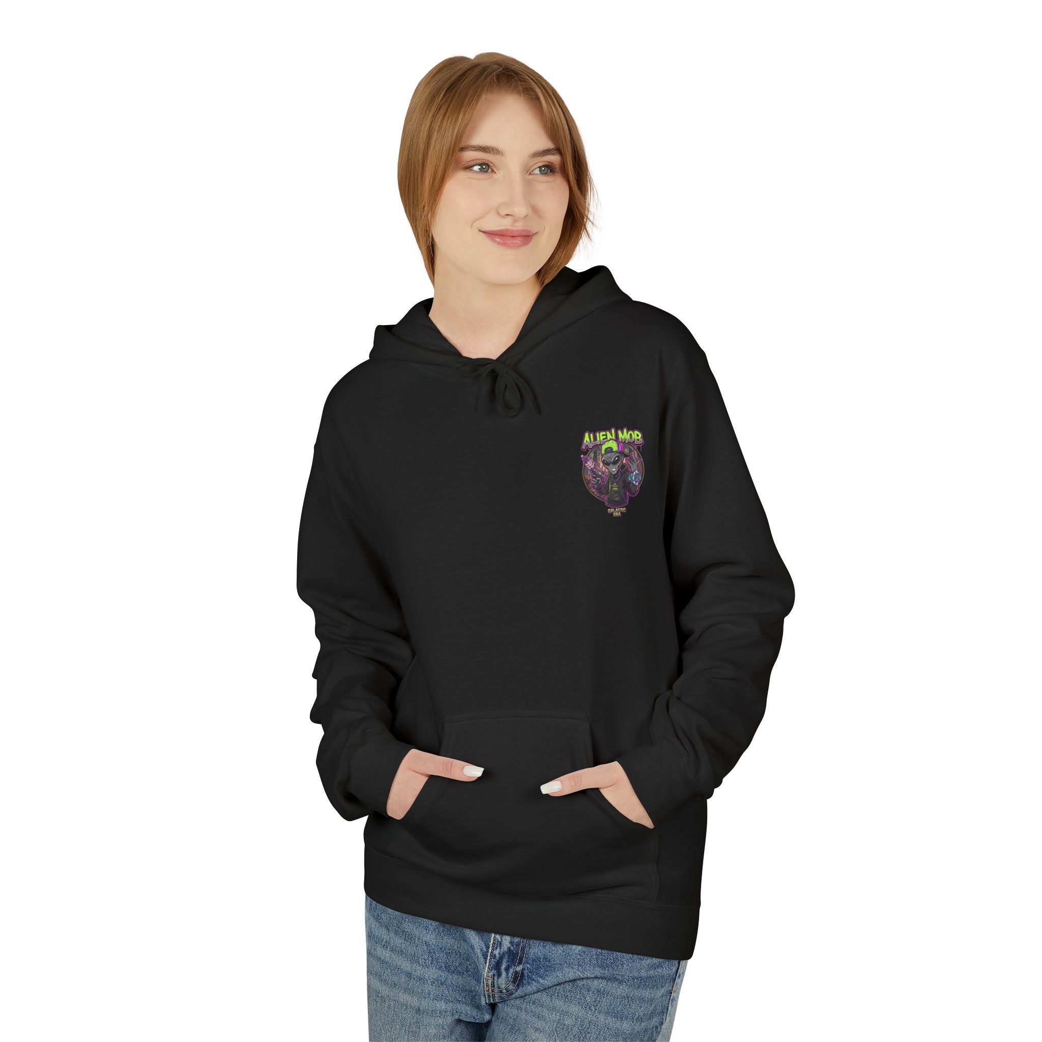 Black alien hip hop pullover hoodie worn by woman front view showing Alien Mob chest crest – Galactic Era streetwear

