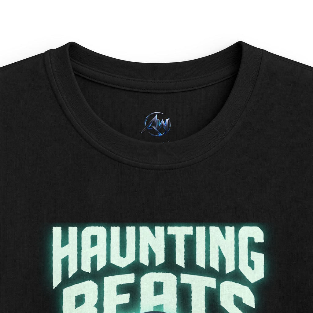 "Close-up collar view of kids black Halloween ghost DJ t-shirt — ribbed knit neckline detail on Haunting Beats graphic tee"

