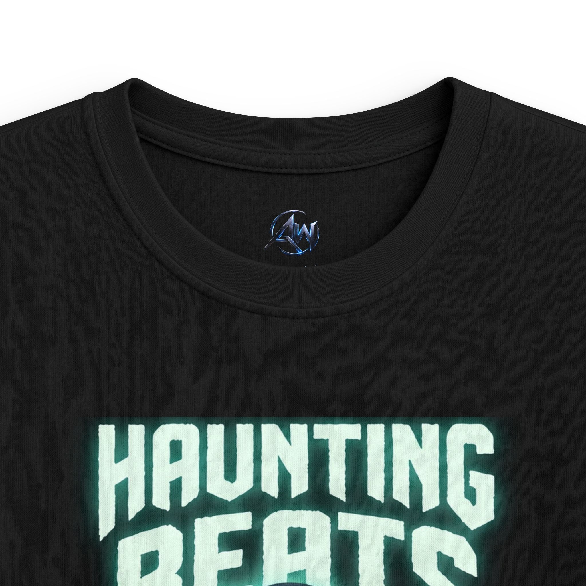 "Close-up collar view of kids black Halloween ghost DJ t-shirt — ribbed knit neckline detail on Haunting Beats graphic tee"

