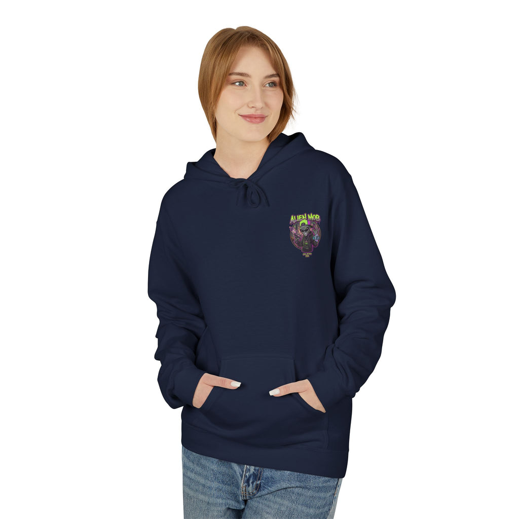 Navy blue alien hip hop pullover hoodie worn by woman front view showing Alien Mob chest crest – Galactic Era streetwear

