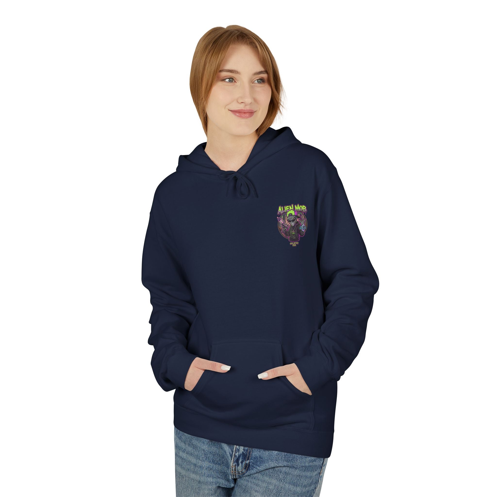 Navy blue alien hip hop pullover hoodie worn by woman front view showing Alien Mob chest crest – Galactic Era streetwear

