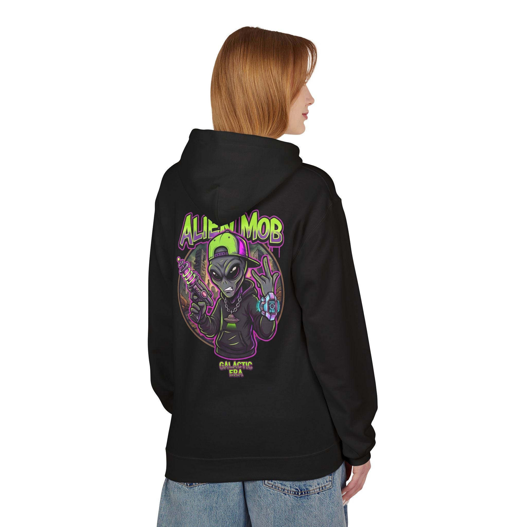 Black alien hip hop pullover hoodie worn by woman back view showing bold Alien Mob Galactic Era graphic – streetwear

