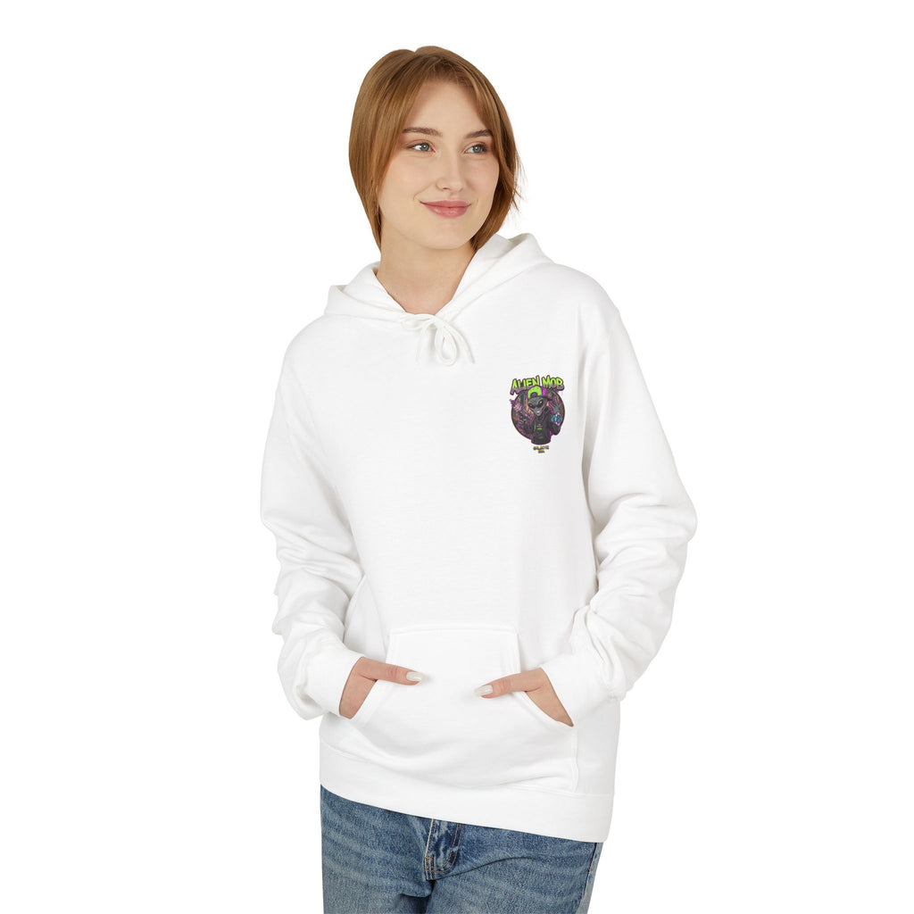 White alien hip hop pullover hoodie worn by woman front view showing Alien Mob chest crest – Galactic Era streetwear

