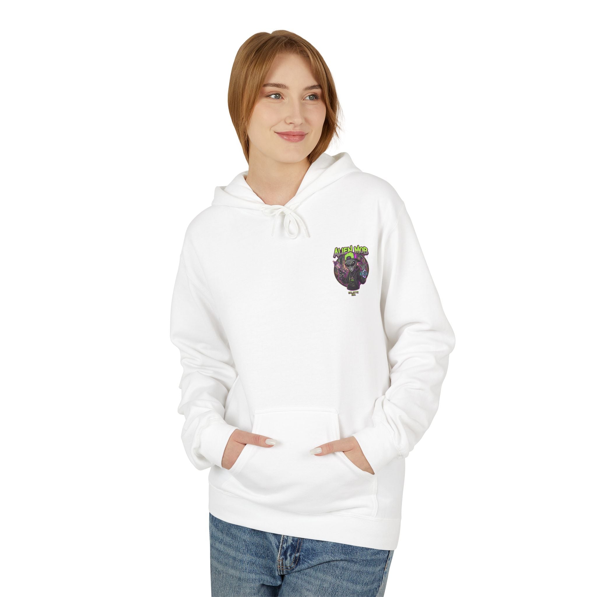 White alien hip hop pullover hoodie worn by woman front view showing Alien Mob chest crest – Galactic Era streetwear

