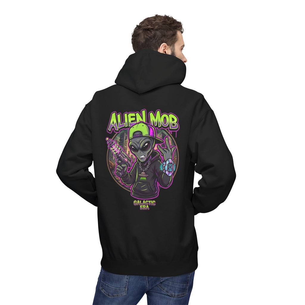 Black alien hip hop pullover hoodie worn by man back view showing bold Alien Mob Galactic Era graphic – streetwear

