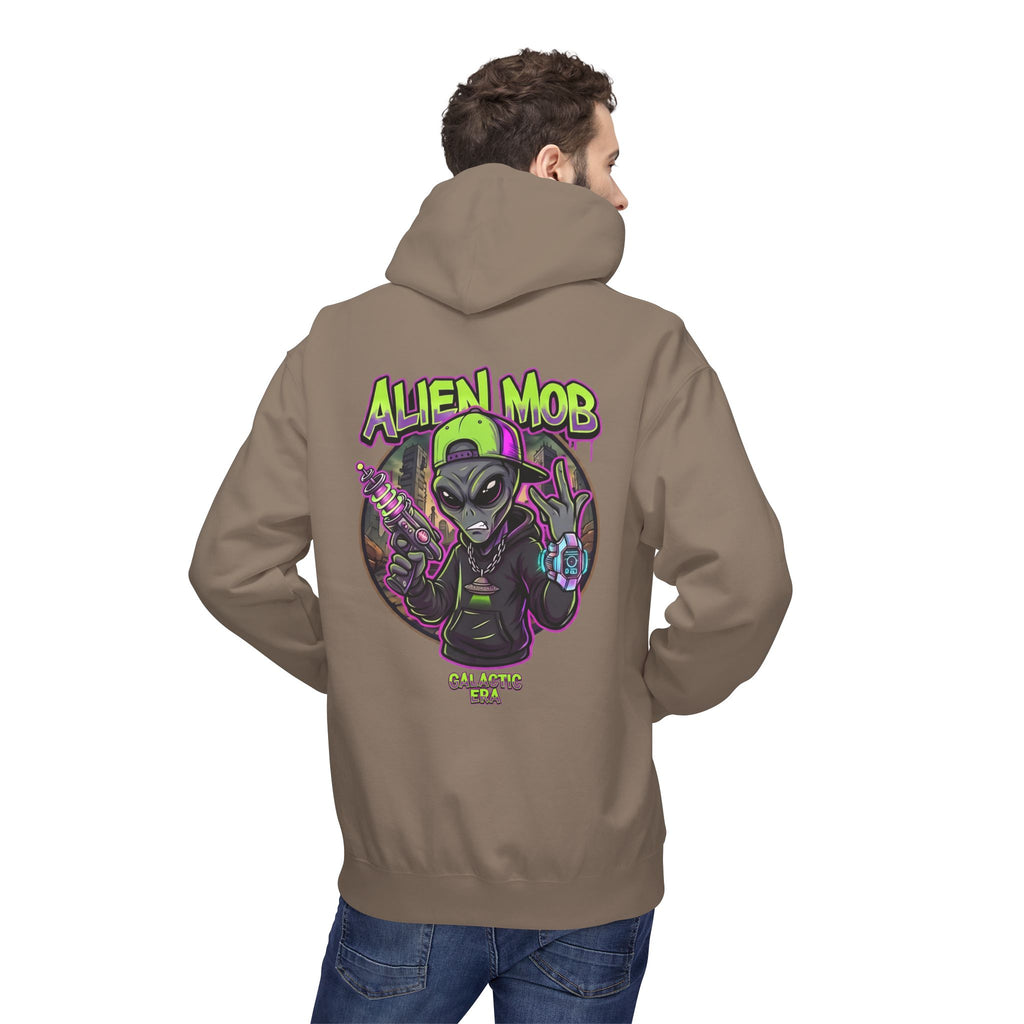 Brown Savana alien hip hop pullover hoodie worn by man back view showing bold Alien Mob Galactic Era graphic – streetwear


