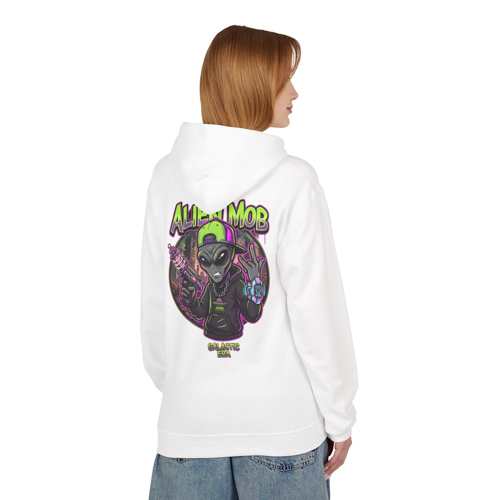 White alien hip hop pullover hoodie worn by woman back view showing bold Alien Mob Galactic Era graphic – streetwear

