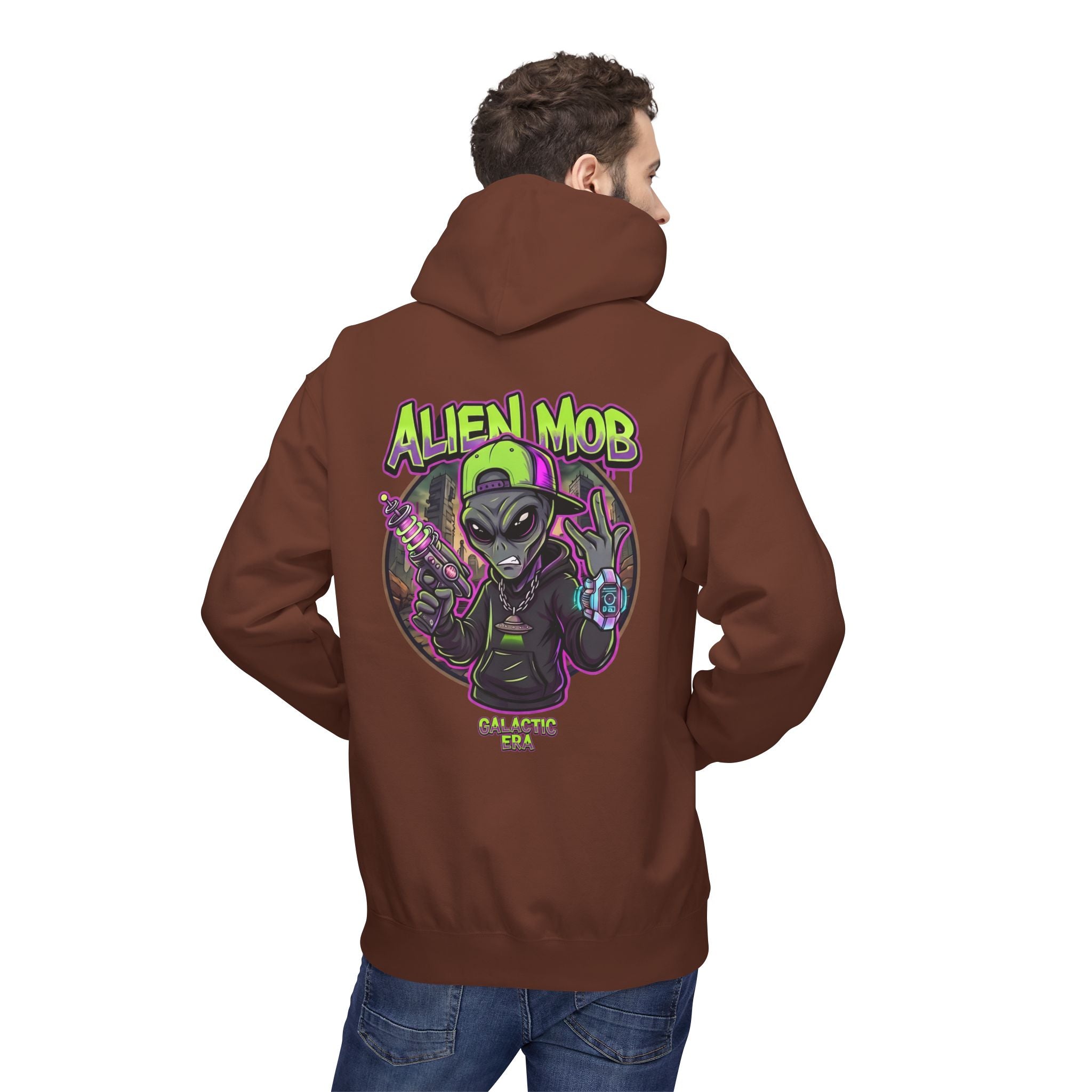 Cocoa brown alien hip hop pullover hoodie worn by man back view showing bold Alien Mob Galactic Era graphic – streetwear

