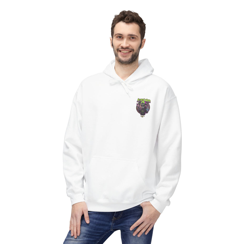 White alien hip hop pullover hoodie worn by man front view showing Alien Mob chest crest – Galactic Era streetwear

