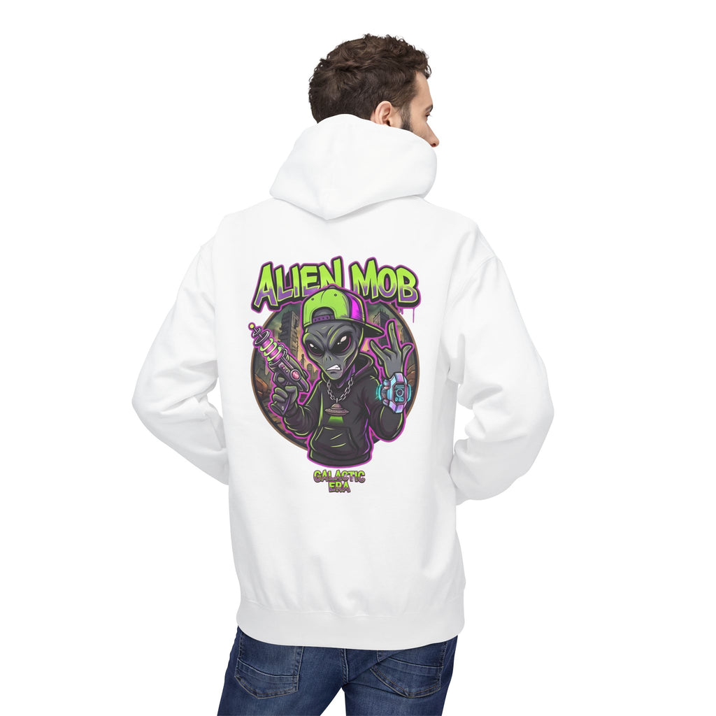 White alien hip hop pullover hoodie worn by man back view showing bold Alien Mob Galactic Era graphic – streetwear

