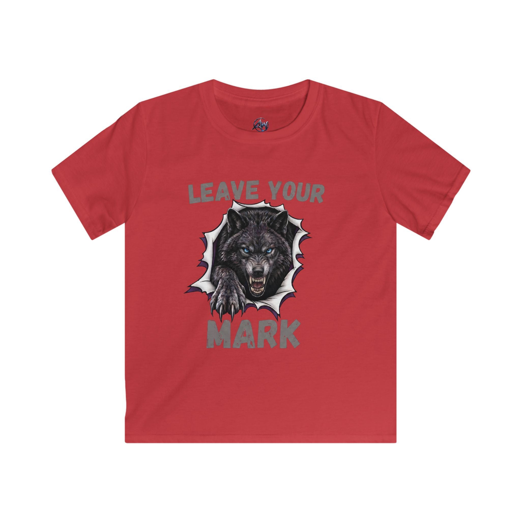 A red short-sleeve crewneck t-shirt featuring a graphic of a snarling black wolf bursting through a torn white wall, with the text 'LEAVE YOUR MARK' printed in gray above and below the graphic.