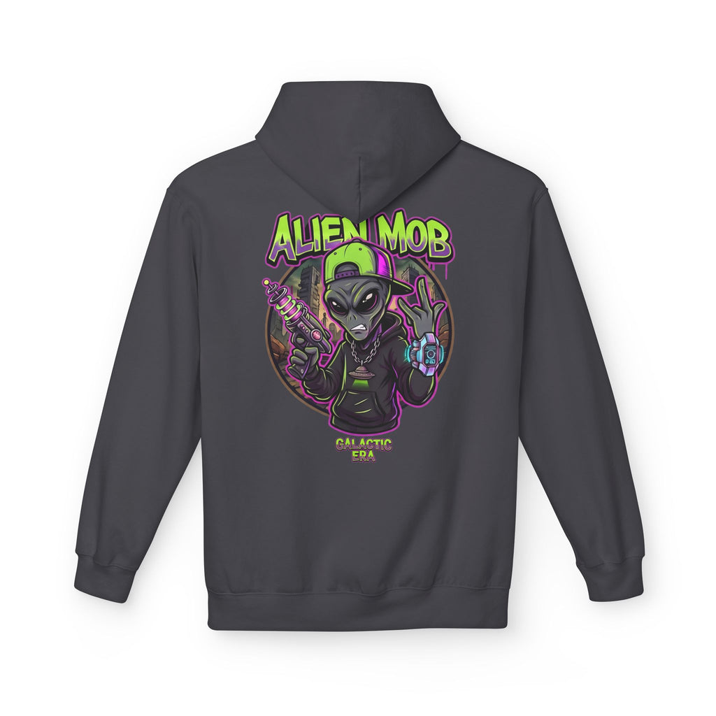 Smoke gray alien hip hop pullover hoodie back view with bold Alien Mob Galactic Era graphic print – streetwear

