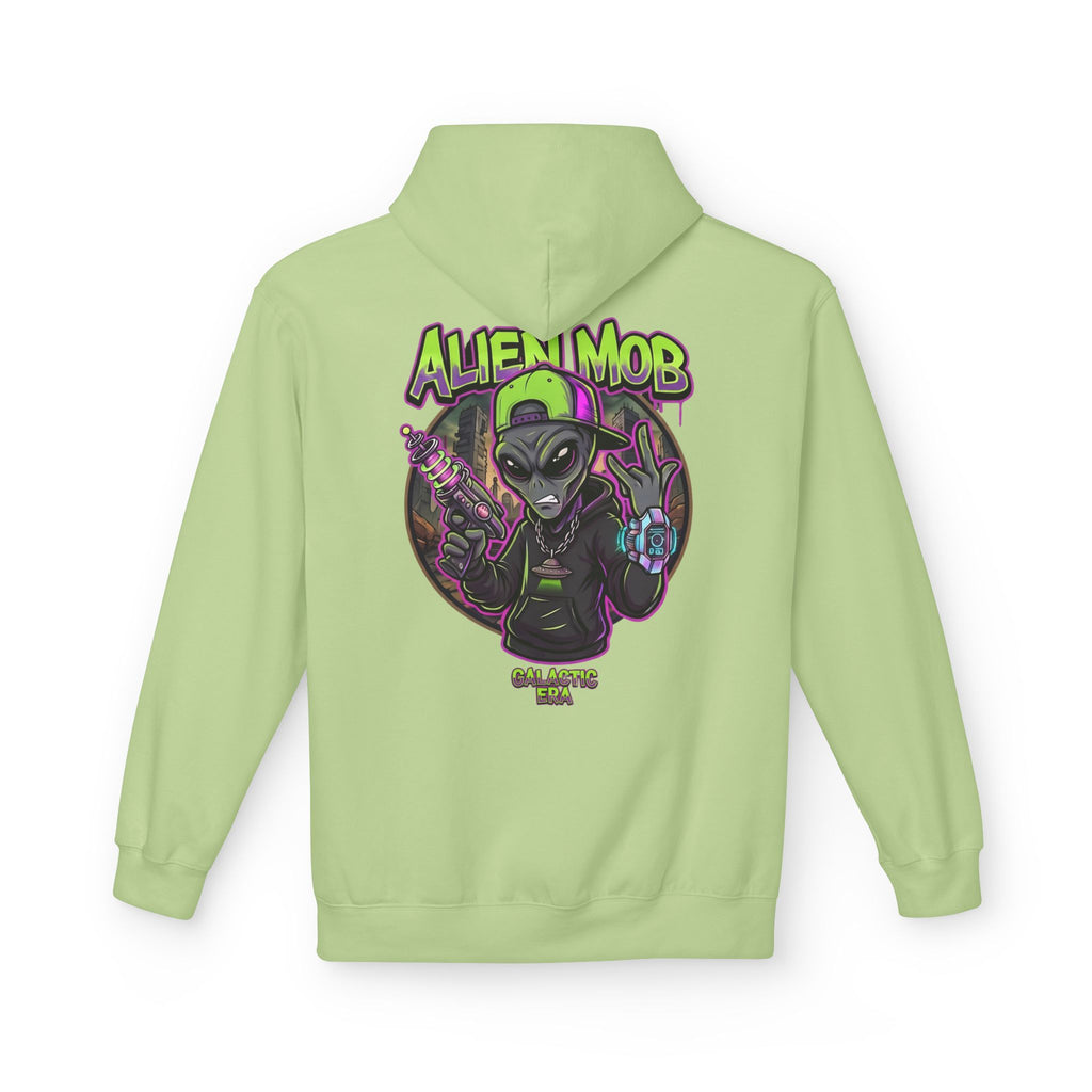 Pistachio green alien hip hop pullover hoodie back view with bold Alien Mob Galactic Era graphic print – streetwear

