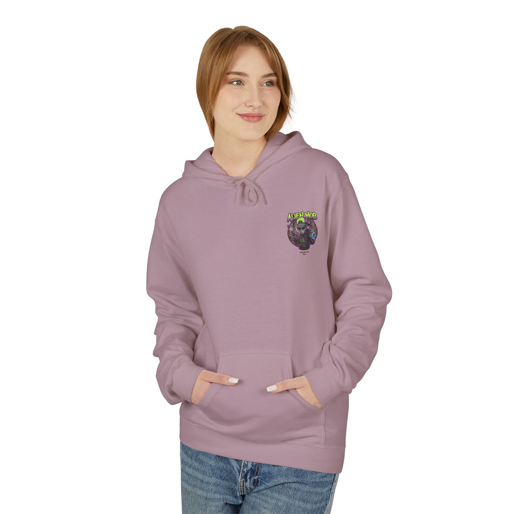 Paragon alien hip hop pullover hoodie worn by woman front view showing Alien Mob chest crest – Galactic Era streetwear

