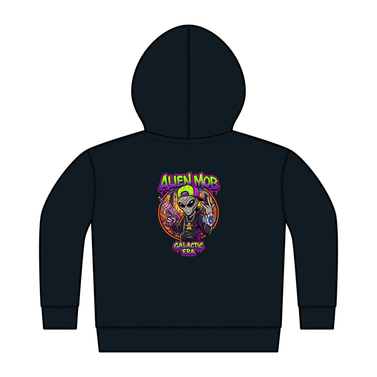 A dark navy blue hoodie shown from the back, featuring a colorful graphic print of an alien character with the text 'ALIEN MOB GALACTIC ERA' in neon green, purple, and orange.