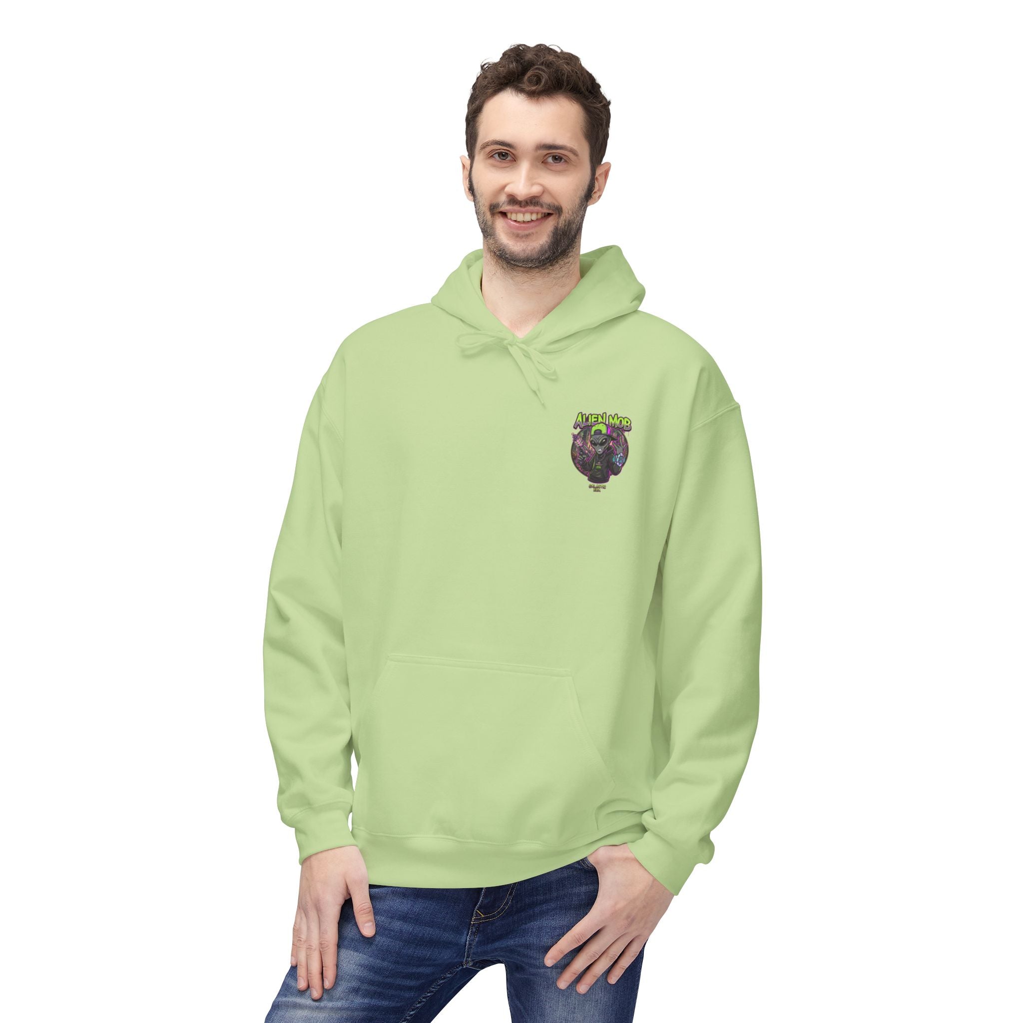 Pistachio green alien hip hop pullover hoodie worn by man front view showing Alien Mob chest crest – Galactic Era streetwear

