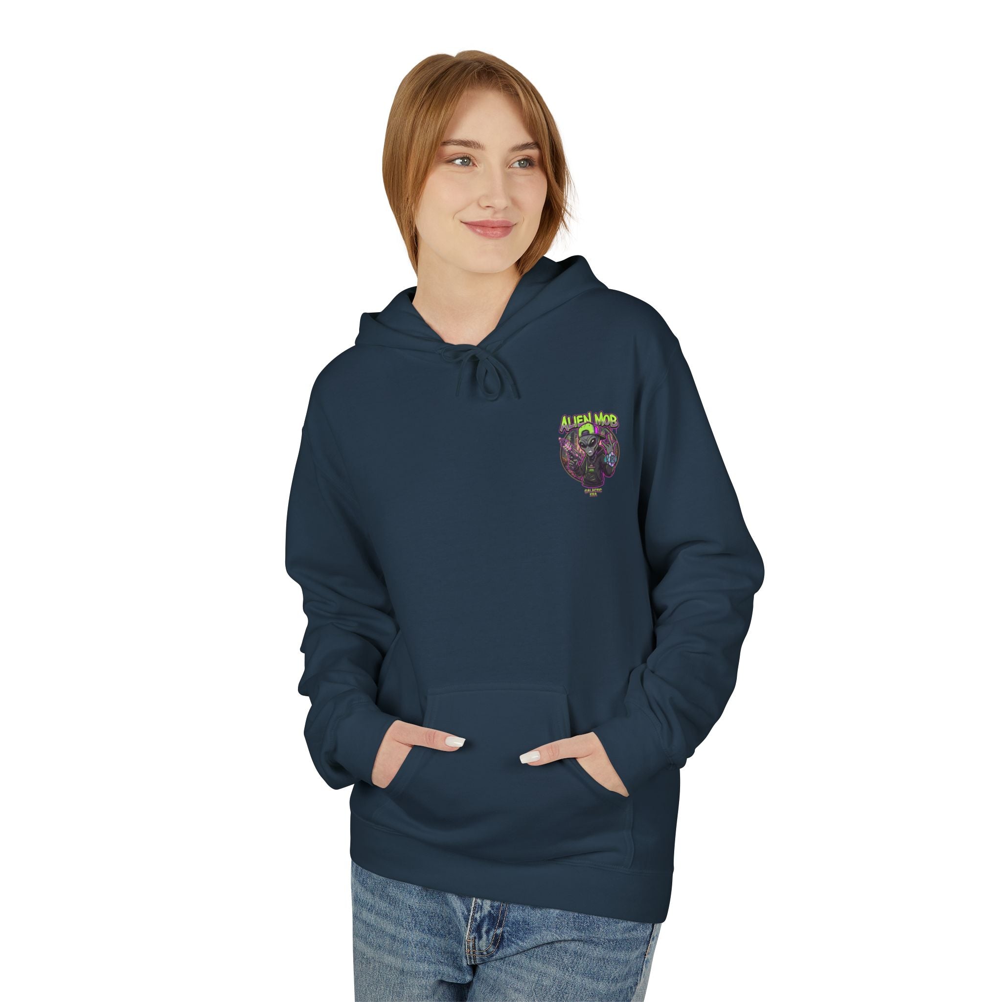 Blue dusk alien hip hop pullover hoodie worn by woman front view showing Alien Mob chest crest – Galactic Era streetwear


