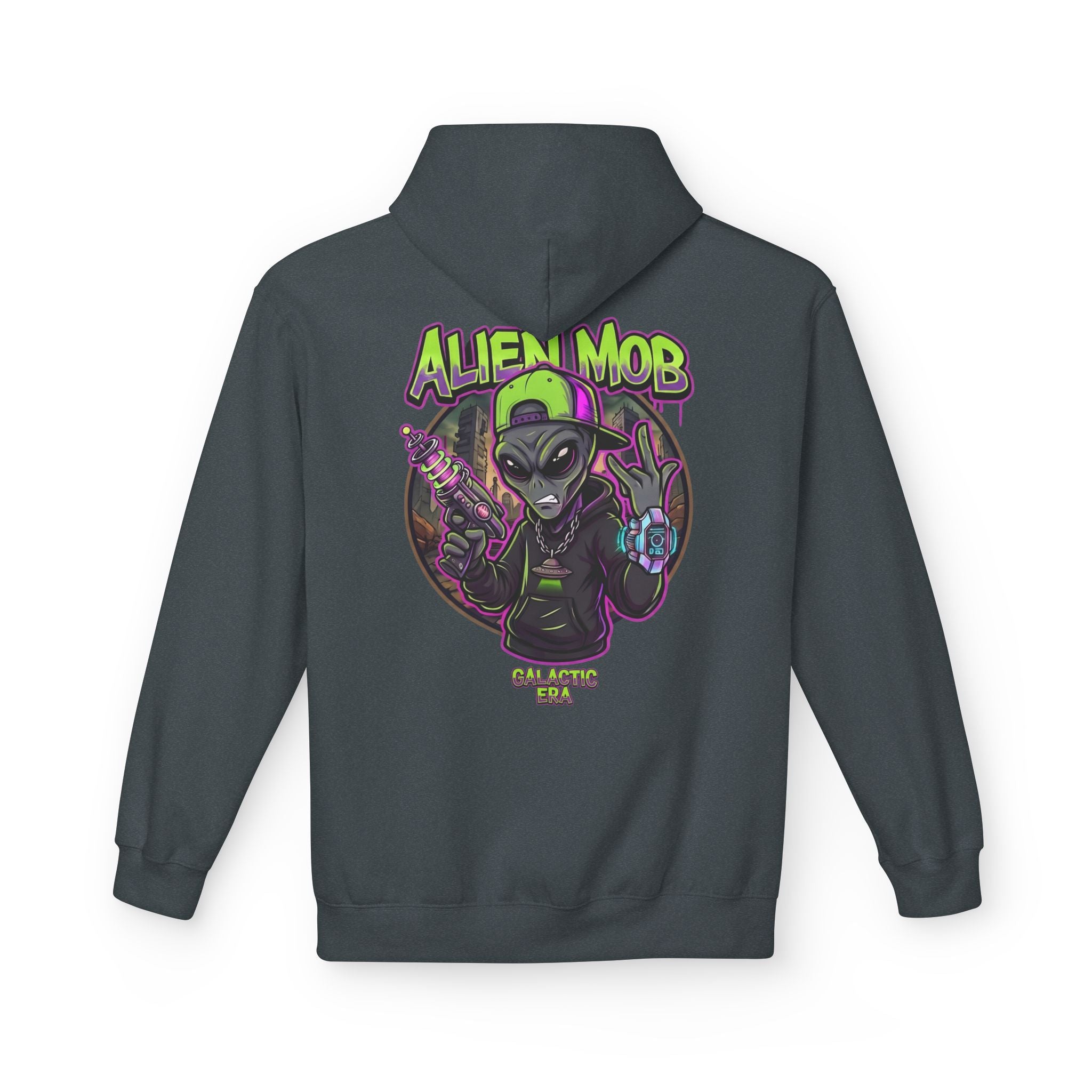 Dark heather gray alien hip hop pullover hoodie back view with bold Alien Mob Galactic Era graphic print – streetwear


