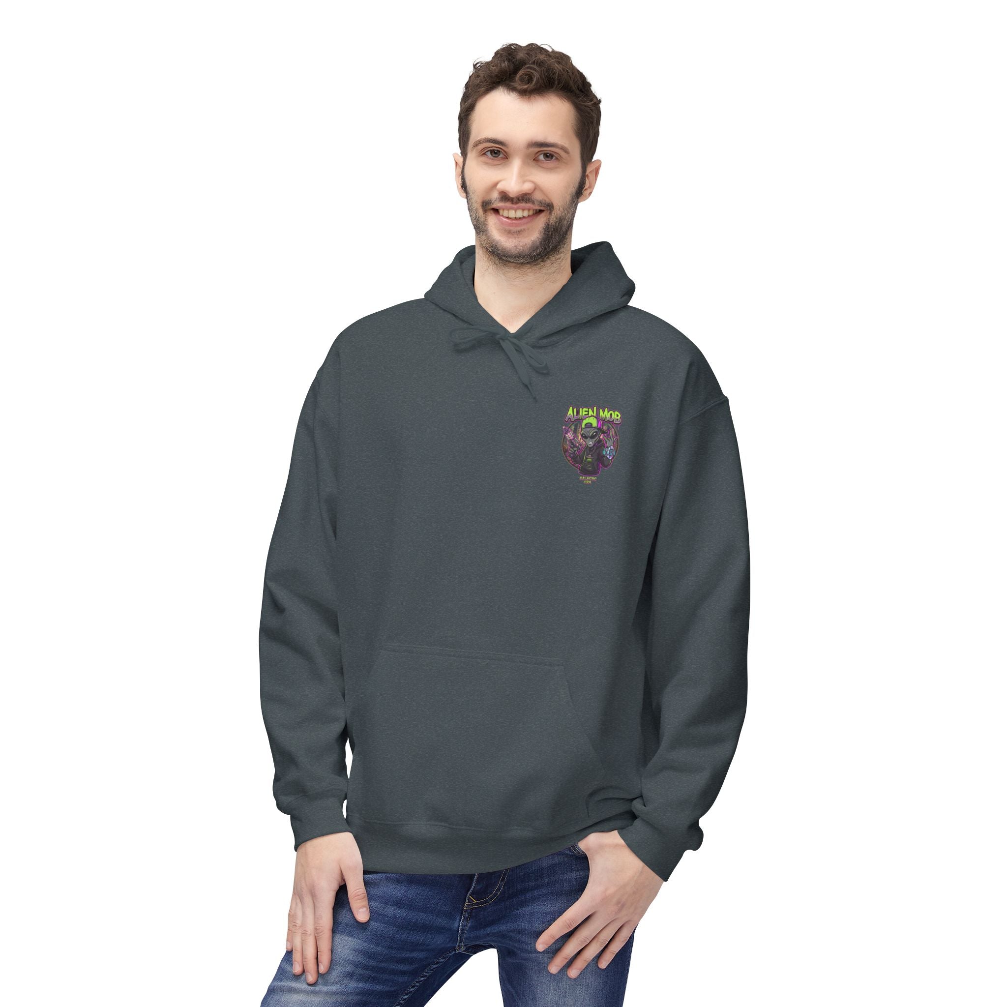 Dark heather gray alien hip hop pullover hoodie worn by man front view showing Alien Mob chest crest – Galactic Era streetwear

