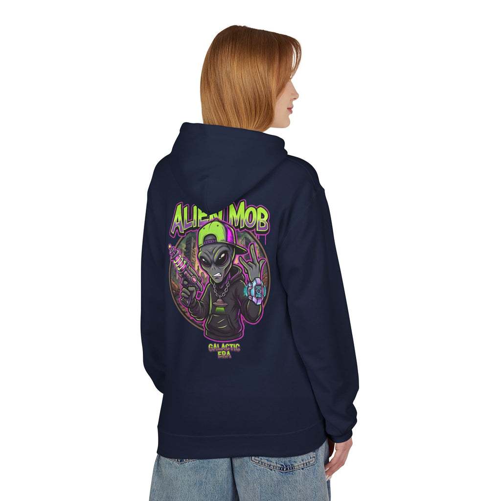 Navy blue alien hip hop pullover hoodie worn by woman back view showing bold Alien Mob Galactic Era graphic – streetwear

