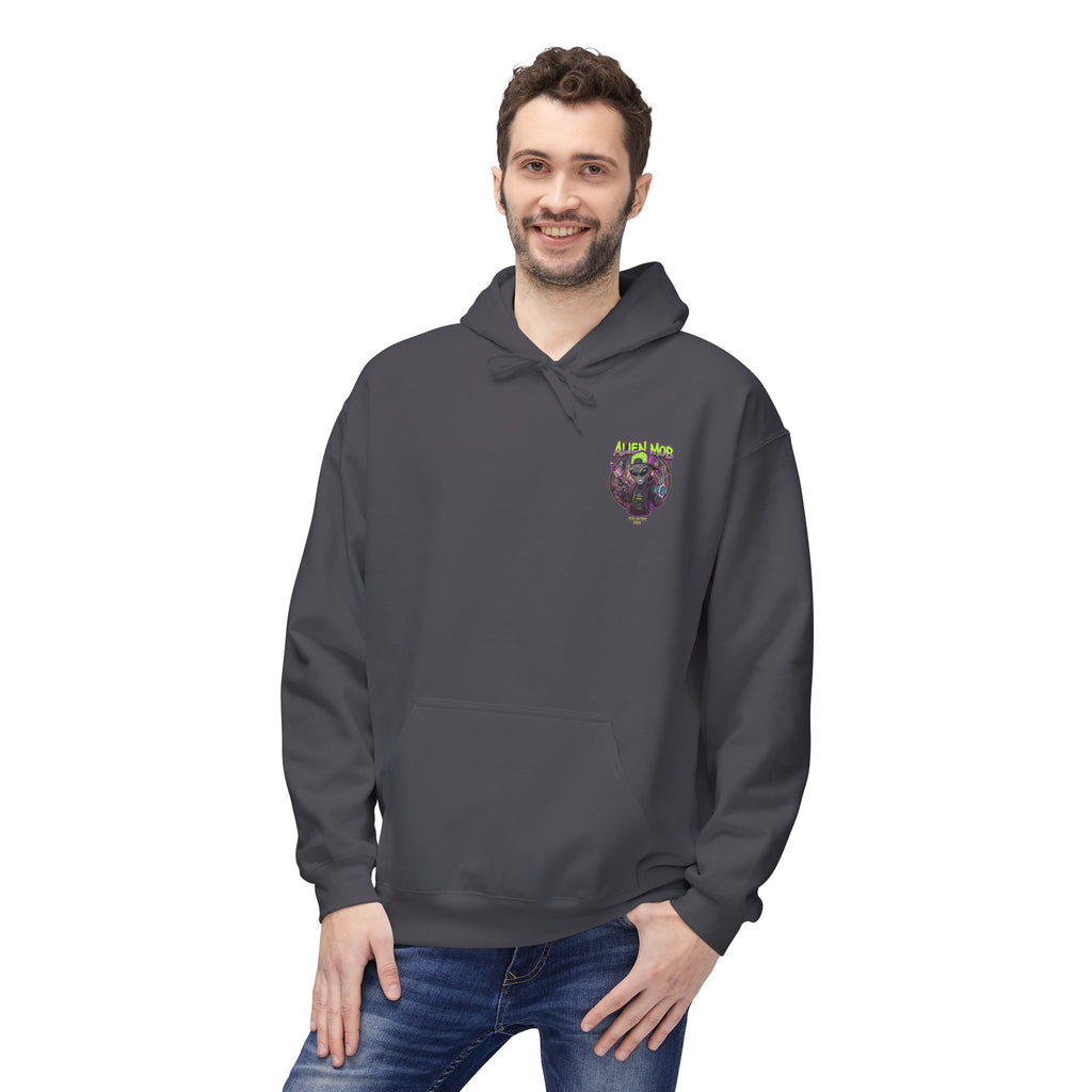 Smoke gray alien hip hop pullover hoodie worn by man front view showing Alien Mob chest crest – Galactic Era streetwear

