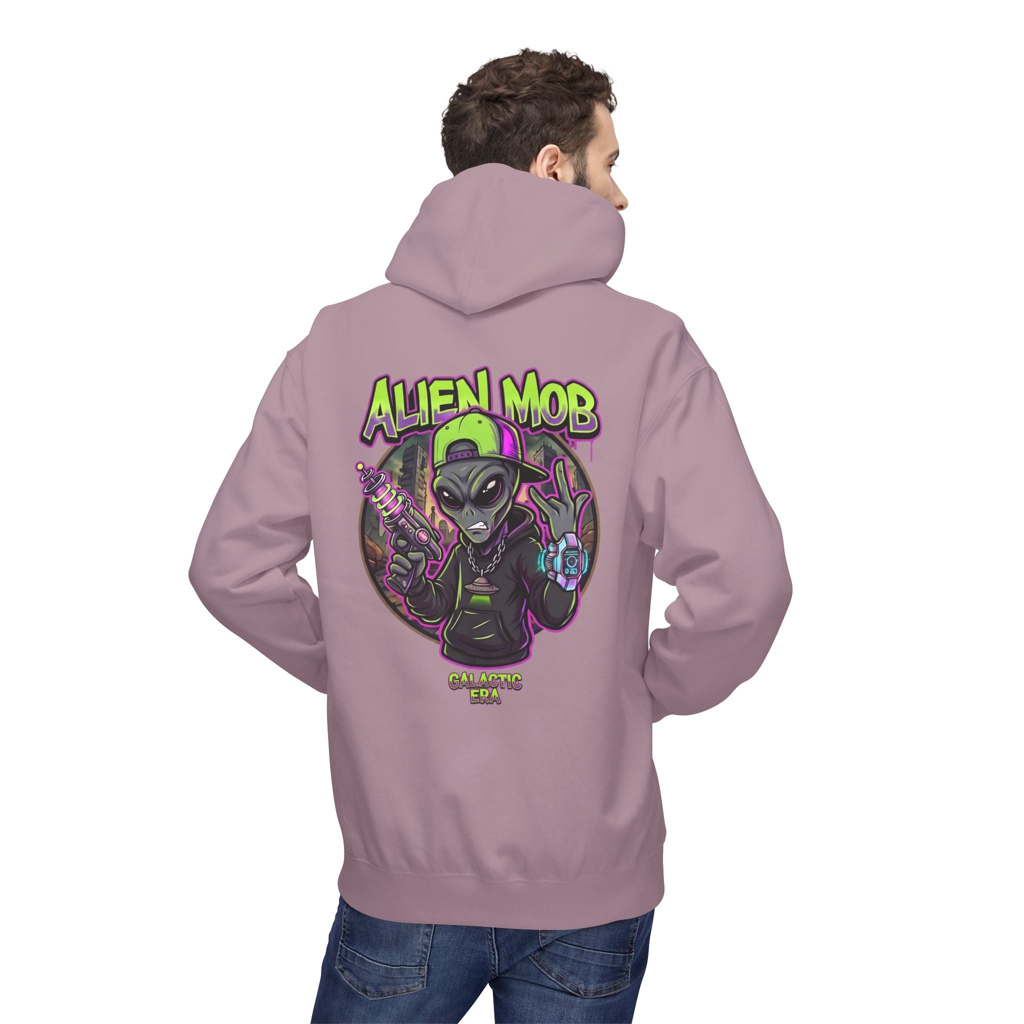 Paragon alien hip hop pullover hoodie worn by man back view showing bold Alien Mob Galactic Era graphic – streetwear


