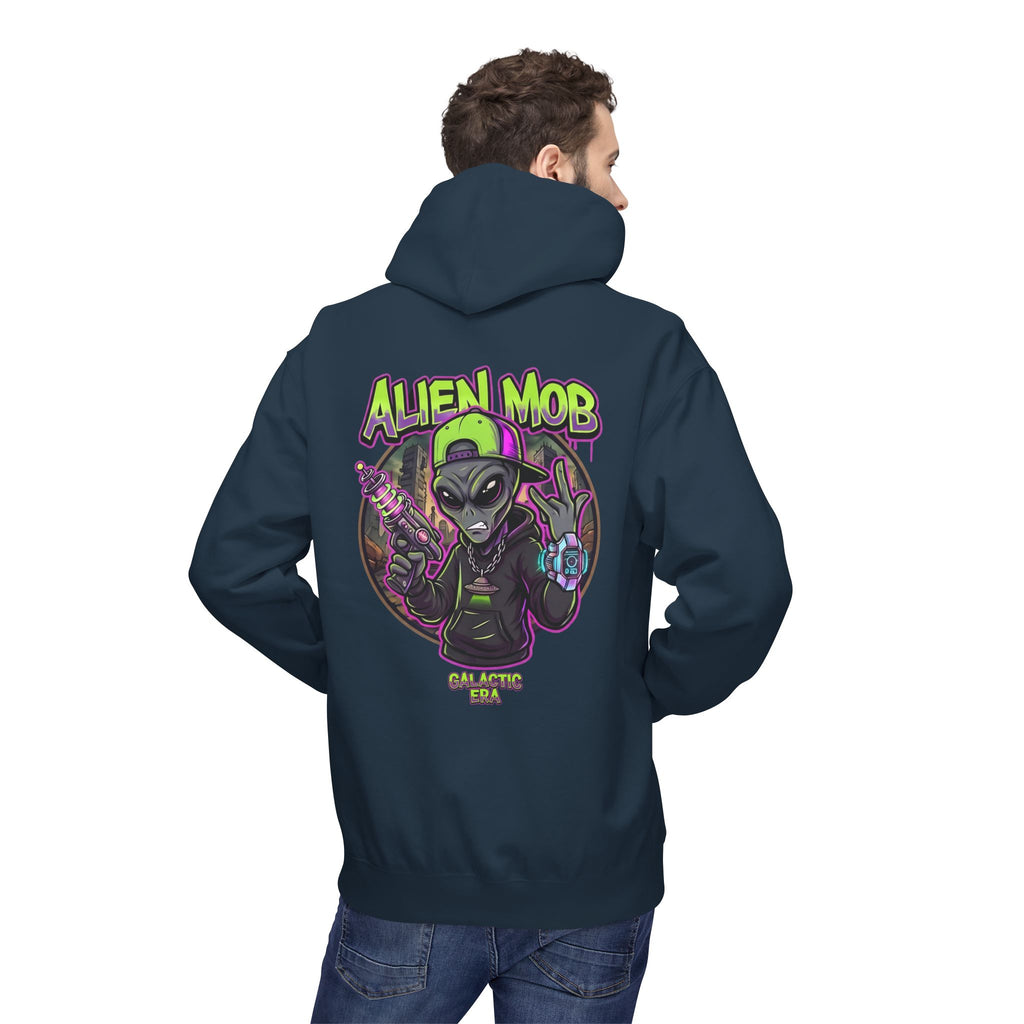 Blue dusk alien hip hop pullover hoodie worn by man back view showing bold Alien Mob Galactic Era graphic – streetwear

