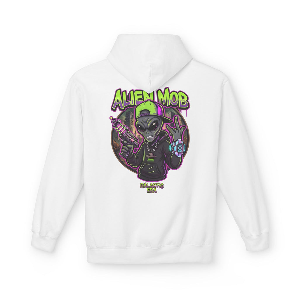 White alien hip hop pullover hoodie back view with bold Alien Mob Galactic Era graphic print – streetwear

