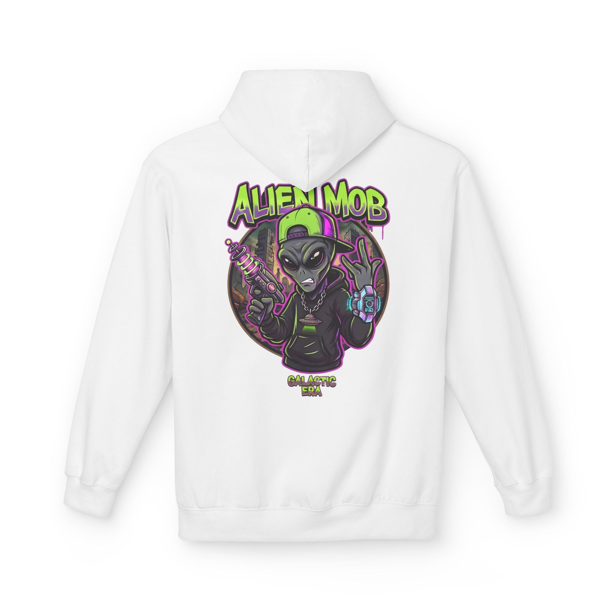 White alien hip hop pullover hoodie back view with bold Alien Mob Galactic Era graphic print – streetwear

