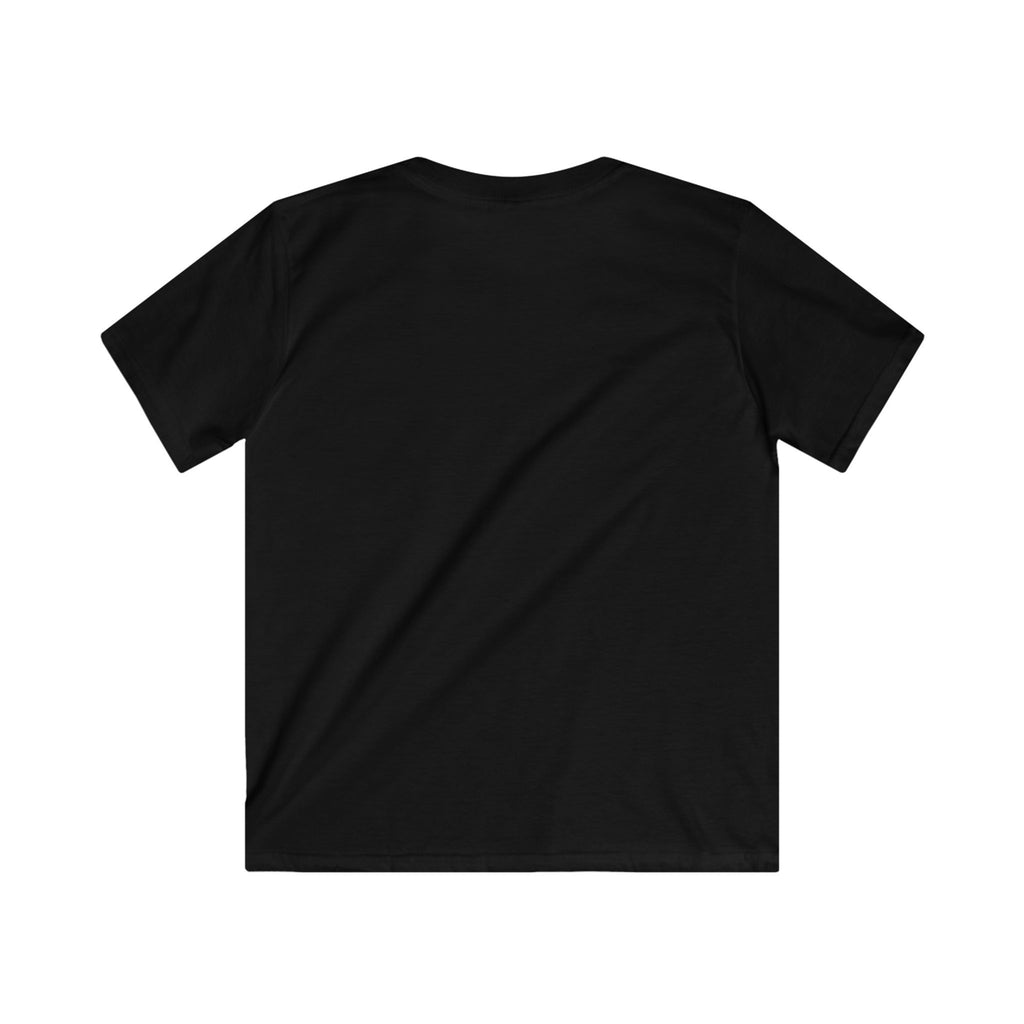 "Back collar view of kids black Halloween grim reaper DJ t-shirt — plain neckline and shoulder tape detail on Dropping Beats Raising the Dead graphic tee"

