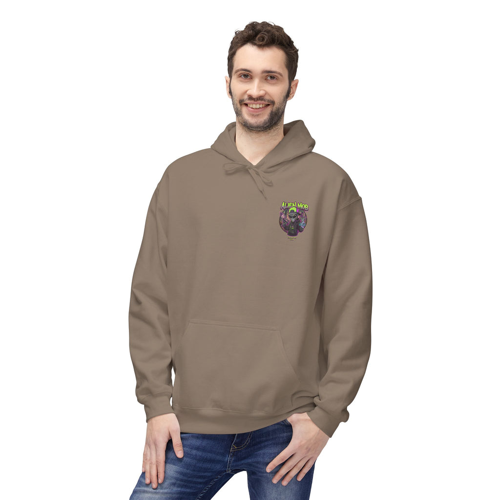 Brown Savana alien hip hop pullover hoodie worn by man front view showing Alien Mob chest crest – Galactic Era streetwear


