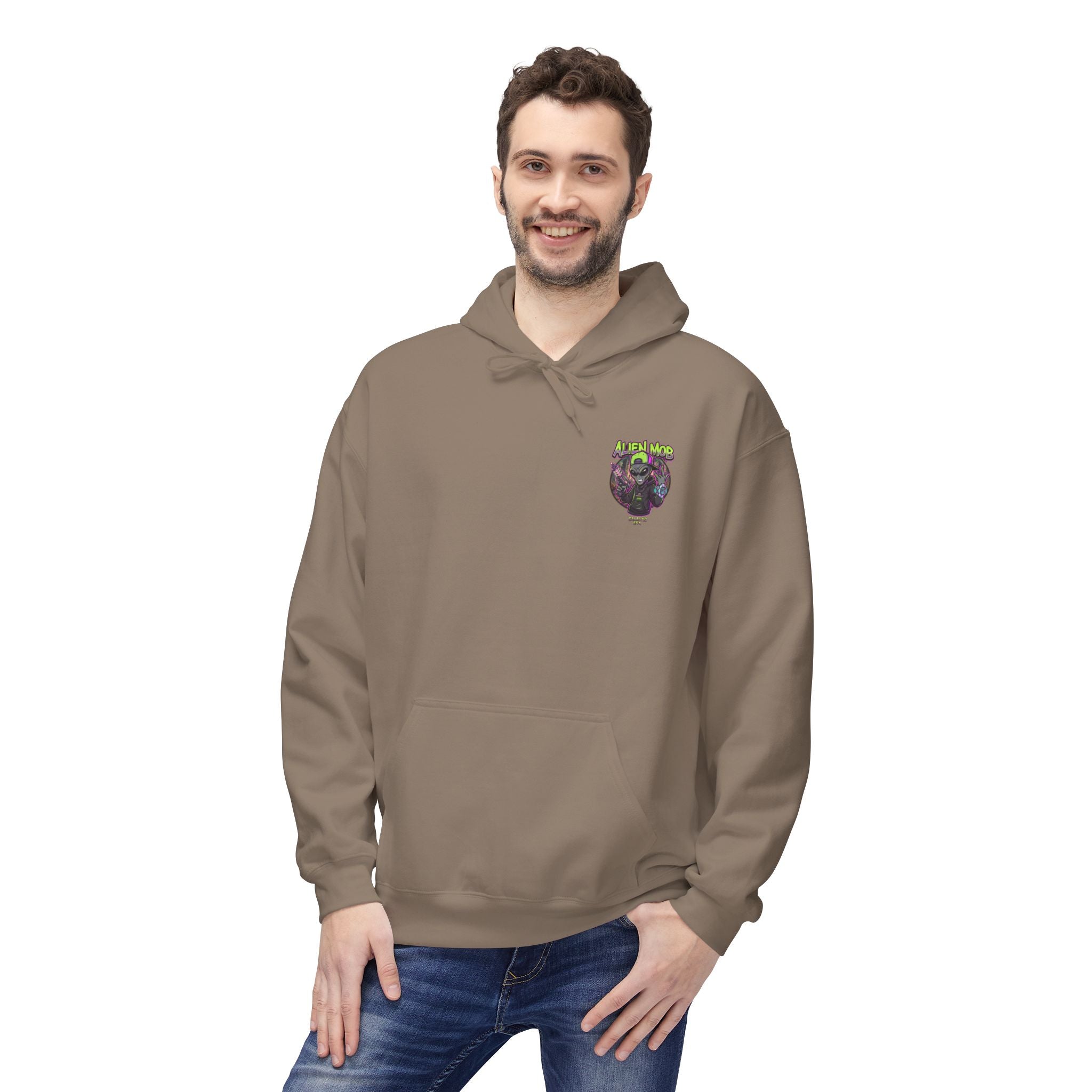 Brown Savana alien hip hop pullover hoodie worn by man front view showing Alien Mob chest crest – Galactic Era streetwear

