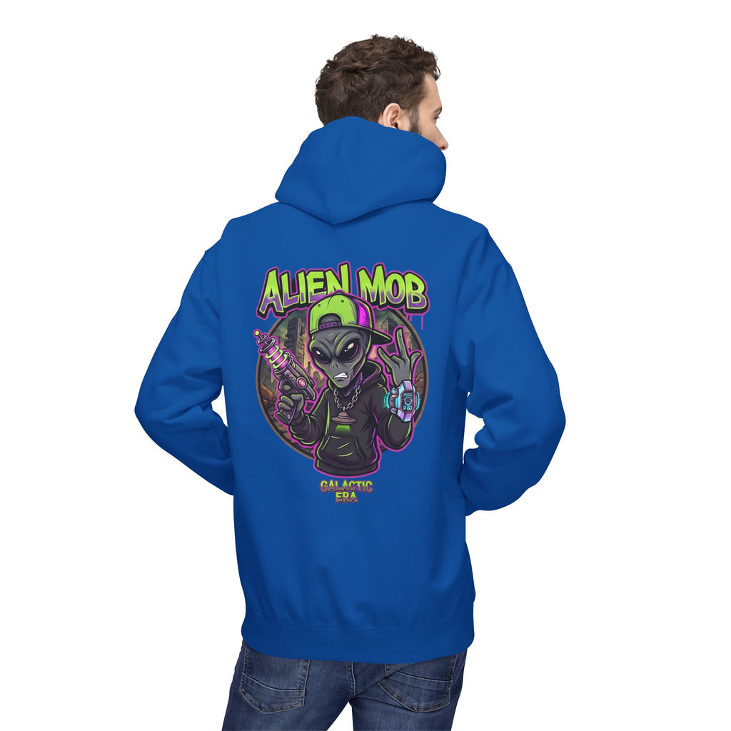 Royal blue alien hip hop pullover hoodie worn by man back view showing bold Alien Mob Galactic Era graphic – streetwear


