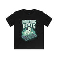 "Kids black Halloween t-shirt featuring a front-facing neon ghost DJ graphic design — Haunting Beats graphic tee for children"

