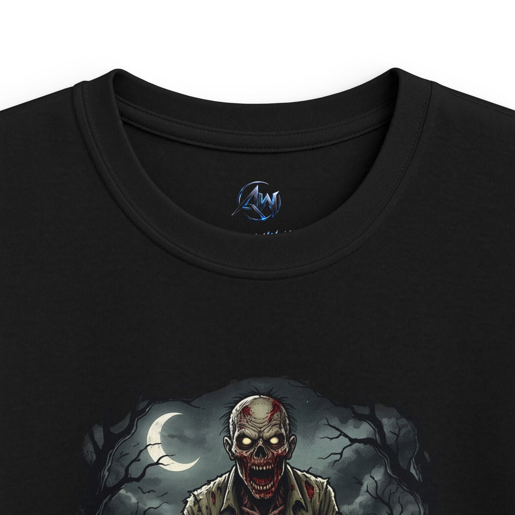 Close-up front collar view of blackshirt  kids zombie graphic tee — ribbed crew neck with Americanwolf87 brand tag, "Feed the Night" Halloween horror shirt detail