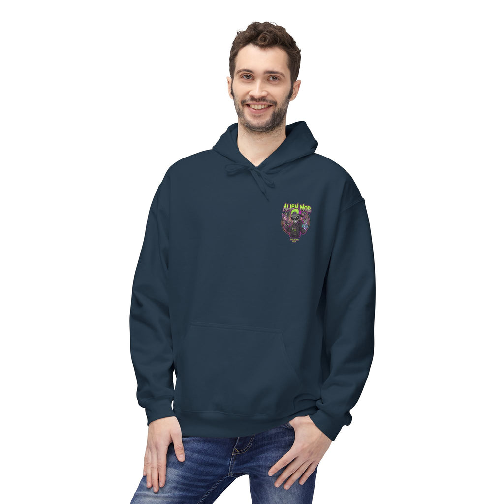 Blue dusk alien hip hop pullover hoodie worn by man front view showing Alien Mob chest crest – Galactic Era streetwear

