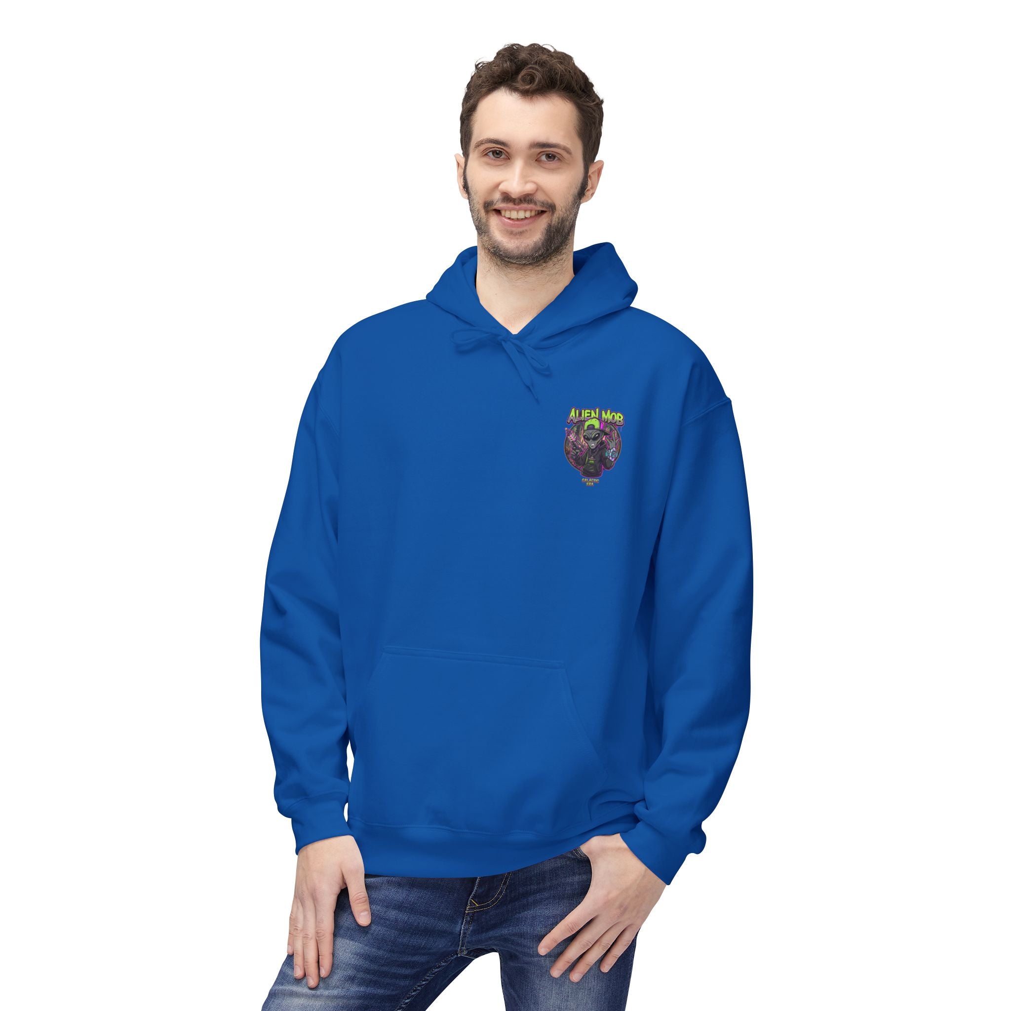 Royal blue alien hip hop pullover hoodie worn by man front view showing Alien Mob chest crest – Galactic Era streetwear


