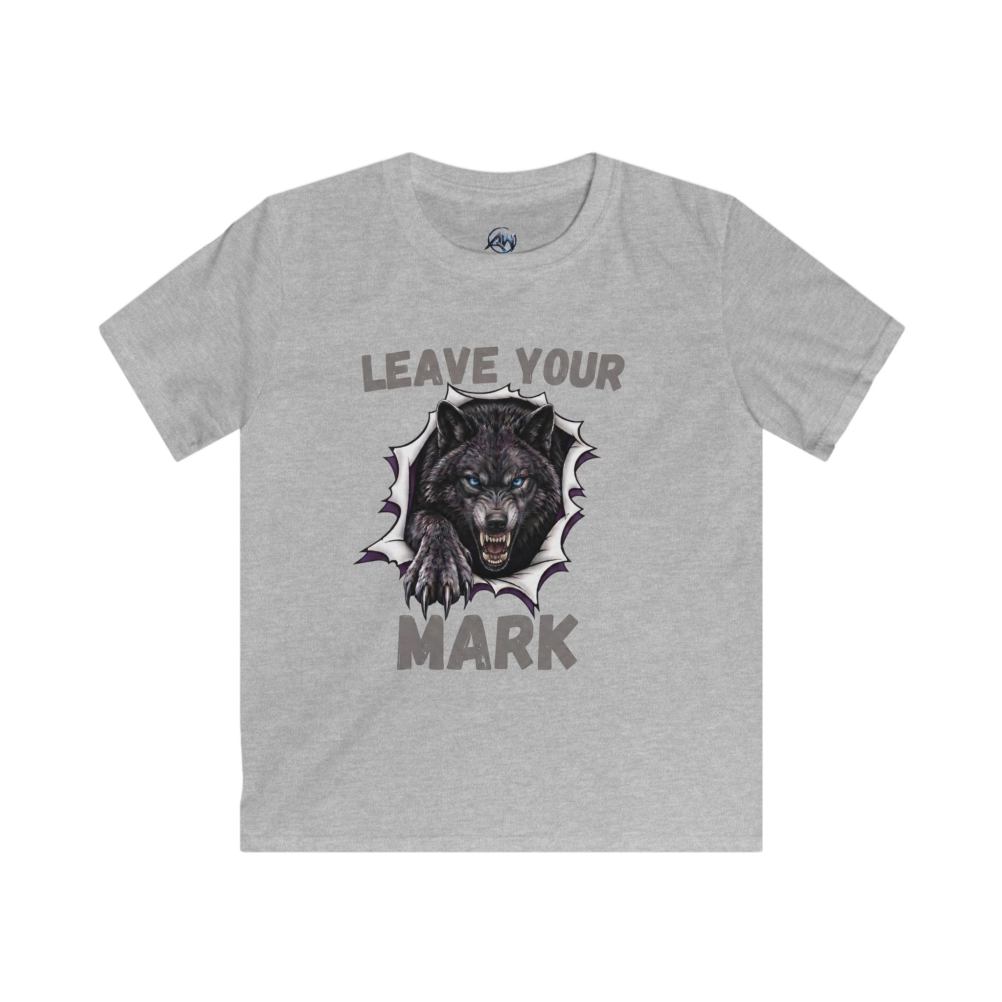 A heather gray short-sleeve t-shirt with a graphic of a snarling wolf bursting through a torn paper effect, with the text 'LEAVE YOUR MARK' printed in gray above and below the graphic.