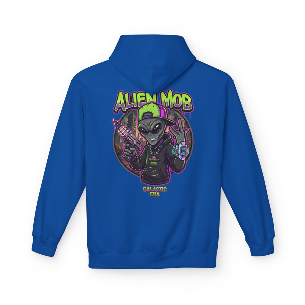 Royal blue alien hip hop pullover hoodie back view with bold Alien Mob Galactic Era graphic print – streetwear

