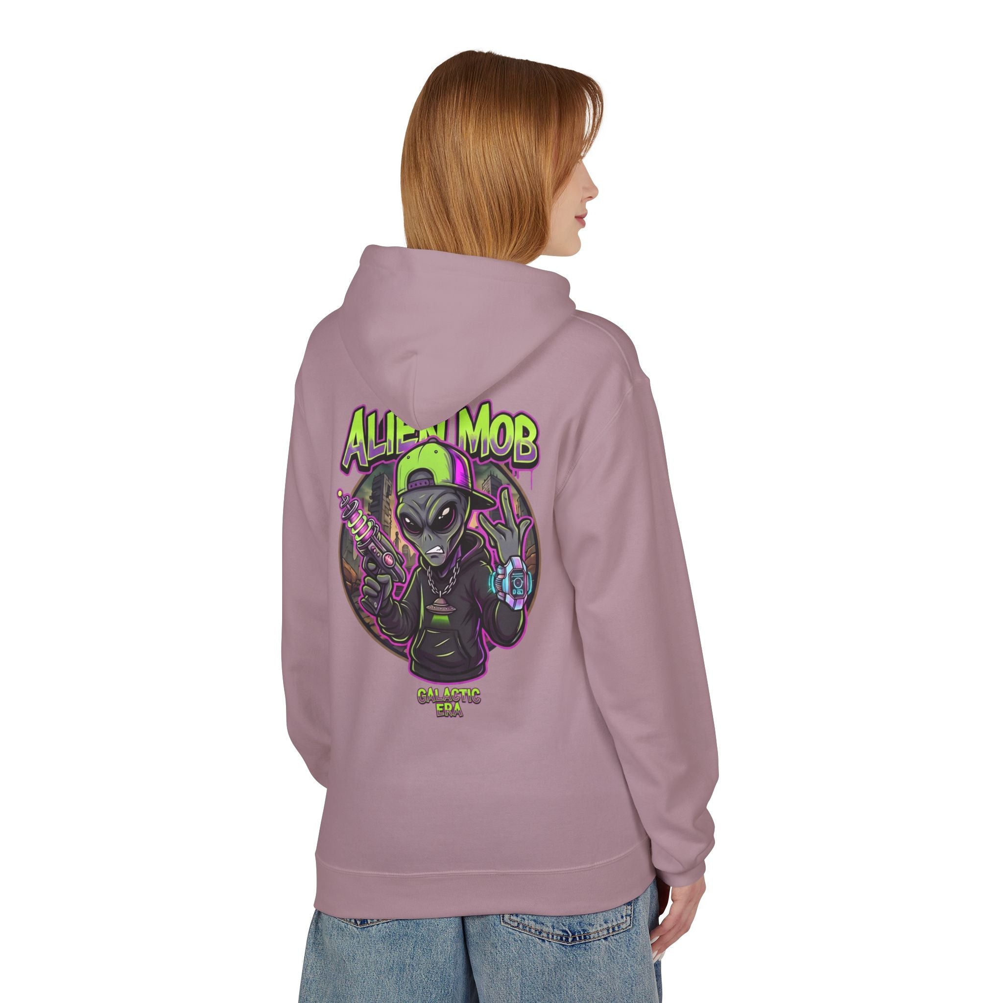 Paragon alien hip hop pullover hoodie worn by woman back view showing bold Alien Mob Galactic Era graphic – streetwear

