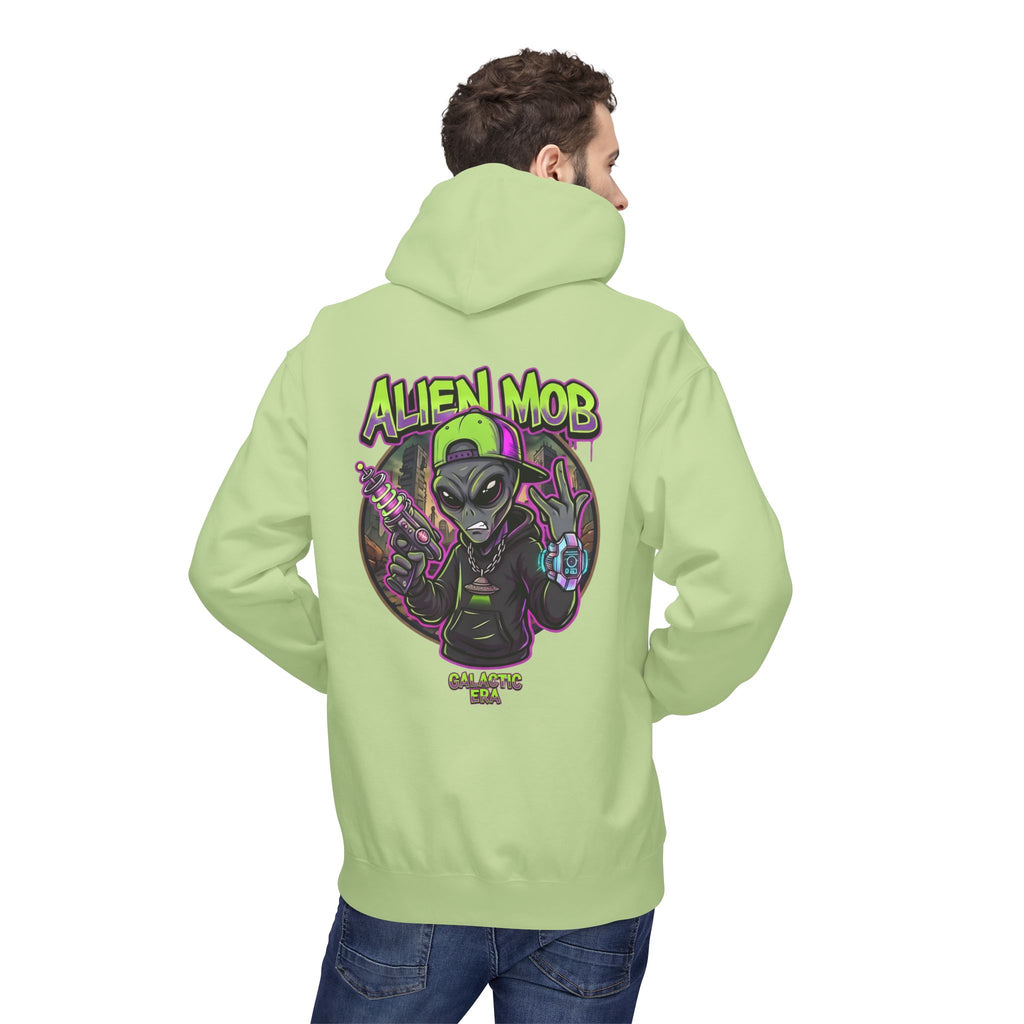 Pistachio green alien hip hop pullover hoodie worn by man back view showing bold Alien Mob Galactic Era graphic – streetwear


