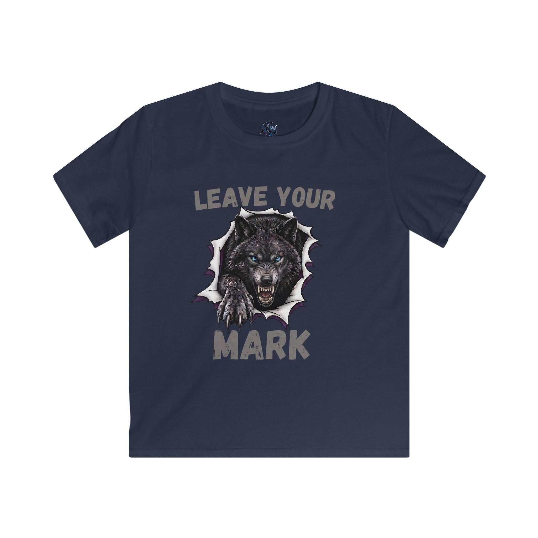 A navy blue short-sleeve t-shirt with a graphic print of a snarling wolf bursting through a torn paper effect, with the text 'LEAVE YOUR MARK' in a distressed gray font above and below the graphic.