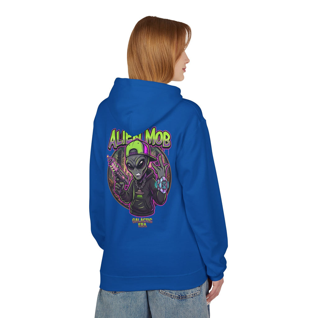 Royal blue alien hip hop pullover hoodie worn by woman back view showing bold Alien Mob Galactic Era graphic – streetwear

