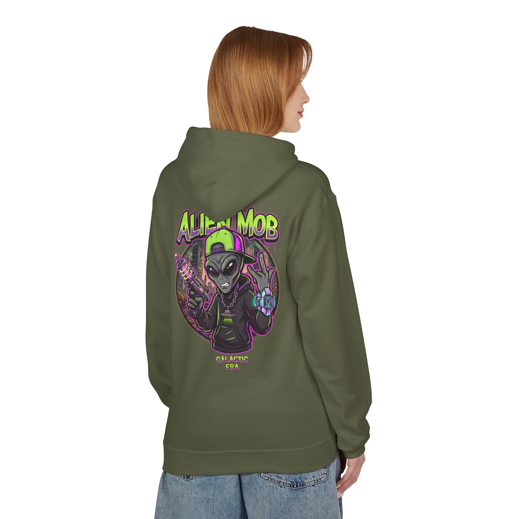 Military green alien hip hop pullover hoodie worn by woman back view showing bold Alien Mob Galactic Era graphic – streetwear

