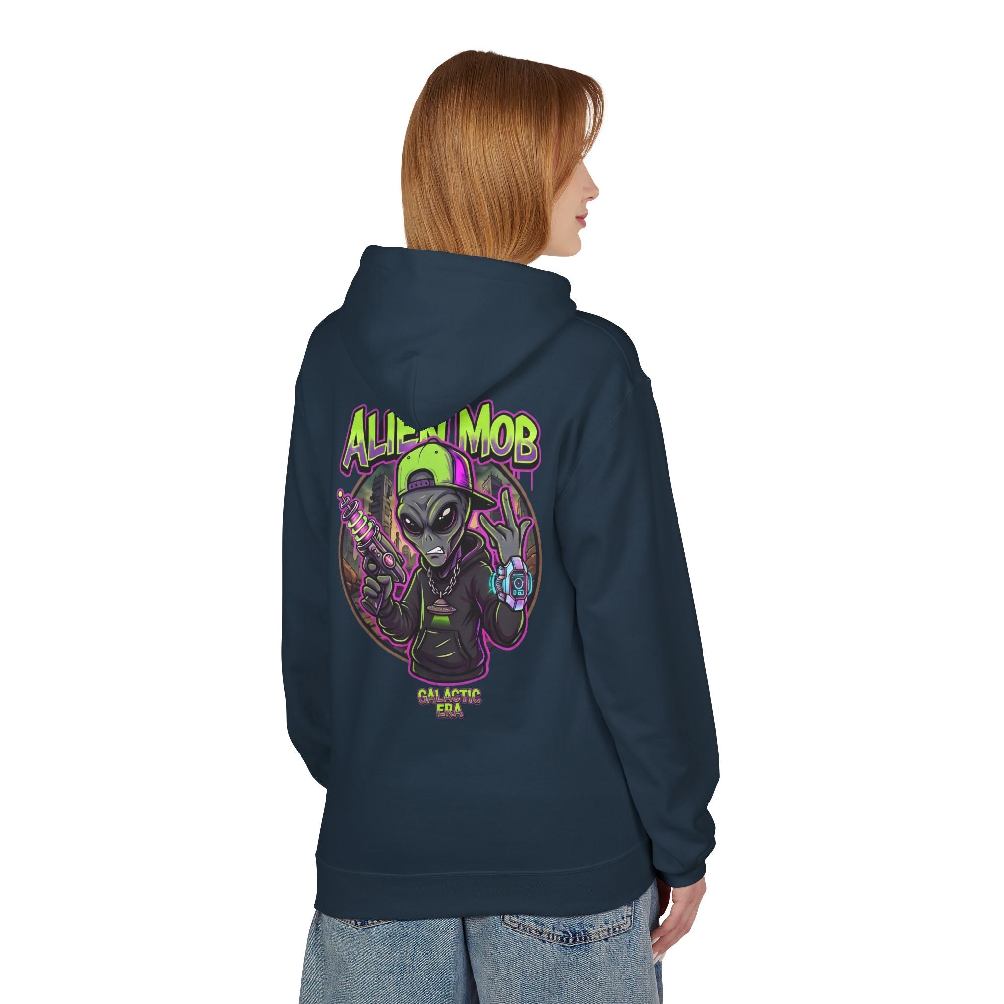 Blue dusk alien hip hop pullover hoodie worn by woman back view showing bold Alien Mob Galactic Era graphic – streetwear

